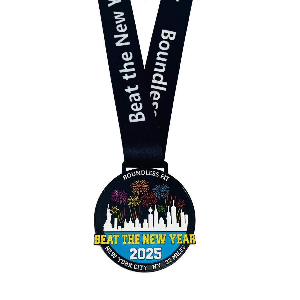 Beat the New Year Finisher Medal for 32.3 Miles ran before January 1st. Shows the New York Skyline with glow-in-the-dark buildings in white with blue and black accents